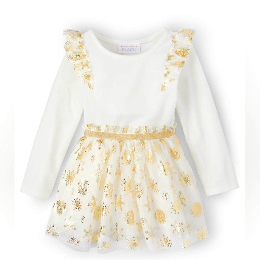 Children's Place White and Gold Ruffle Dress